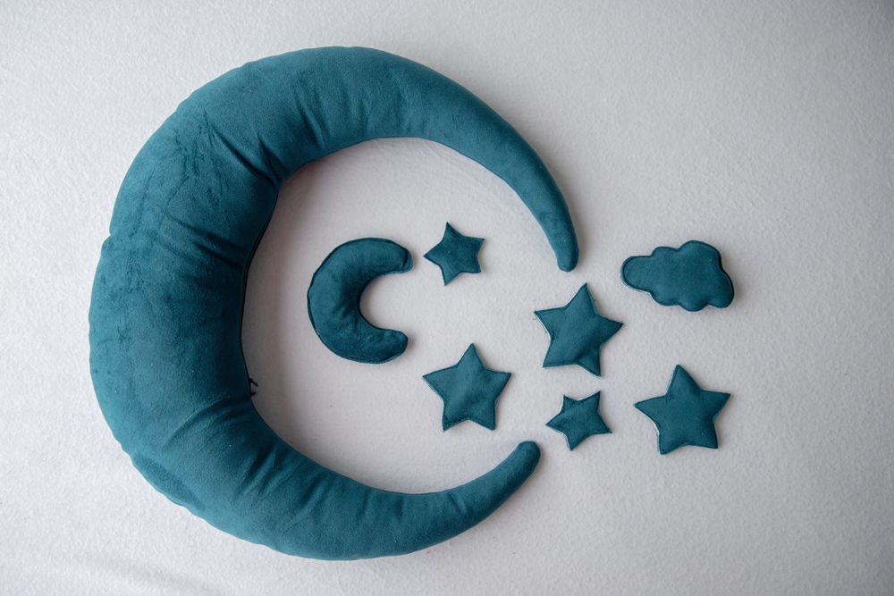 Teal blue fabric moon, stars and cloud nursery wall decor set on white background.