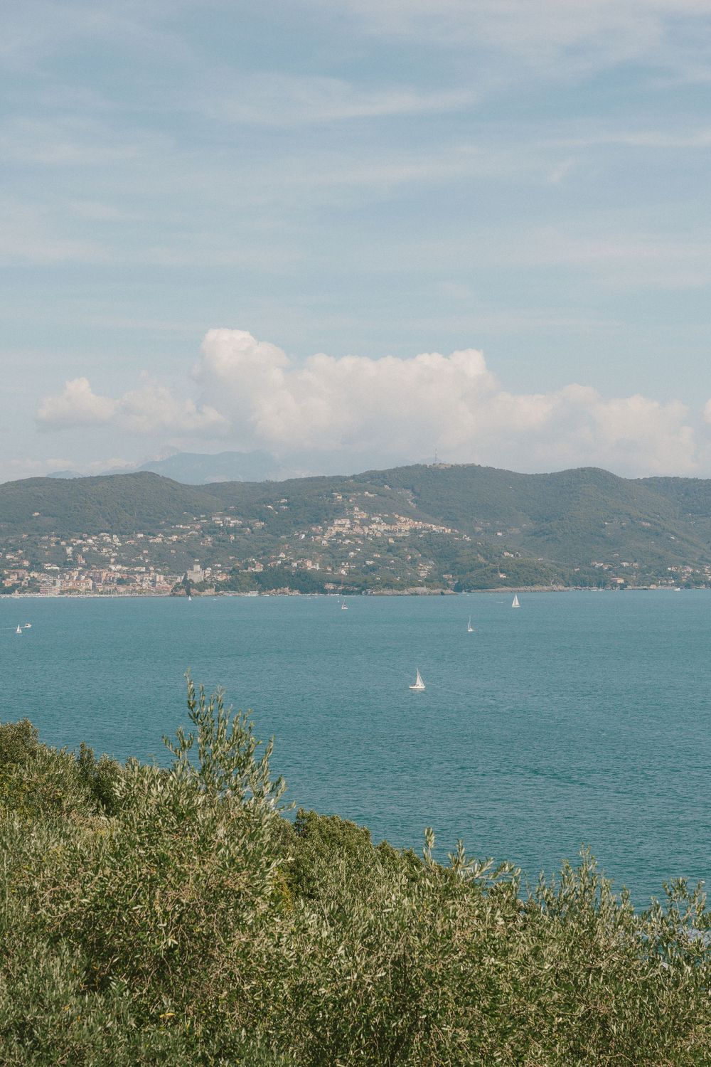 Scenic coastal landscape with blue waters of the bay, sailboats, and green hills dotted with buildings in the distance.