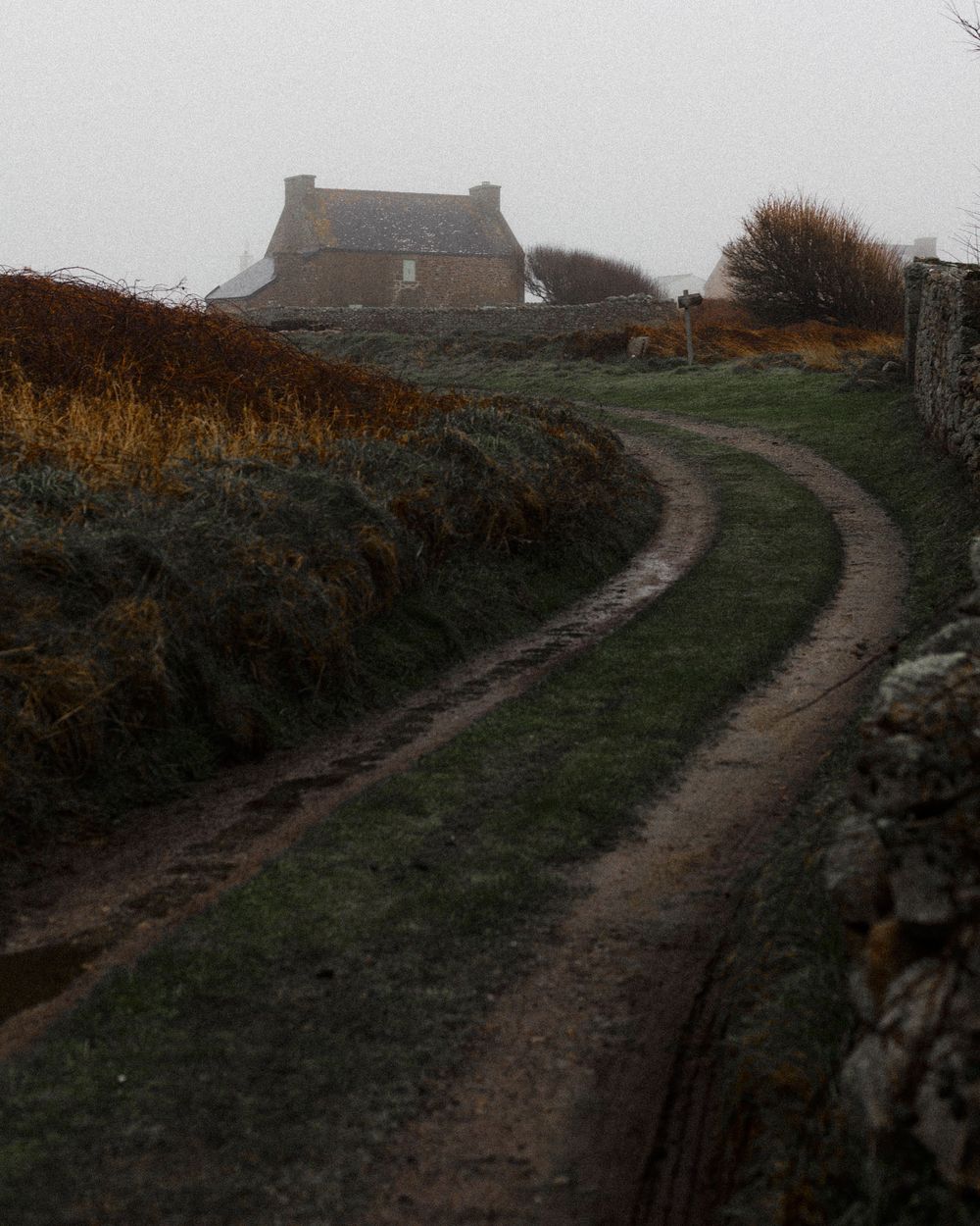 A winding dirt path leads up a misty hillside past stone walls to a distant building in moody atmospheric conditions.
