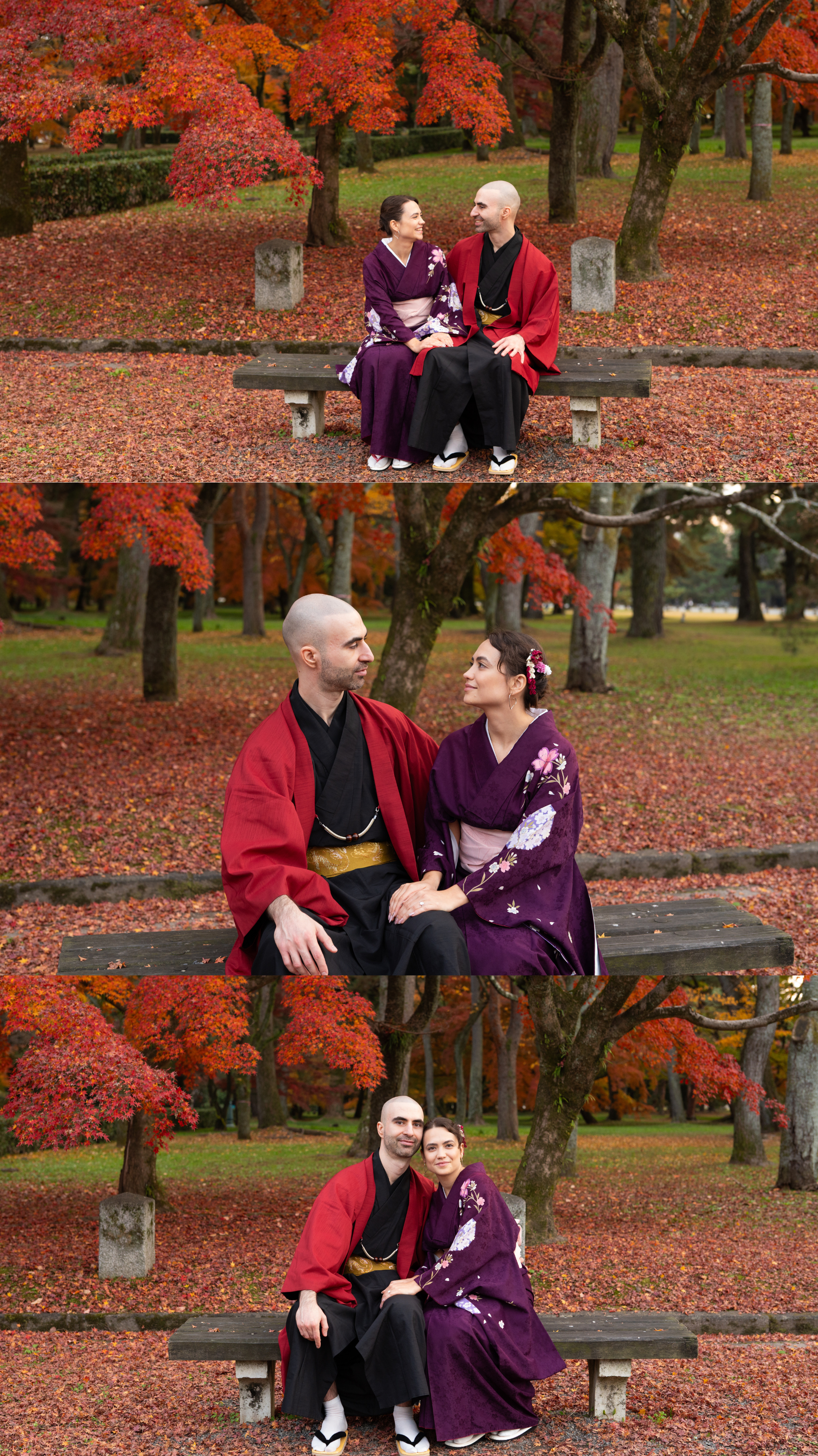 Couple in Japanese kimono sitting on a bench surrounded by vivid red autumn maple trees.