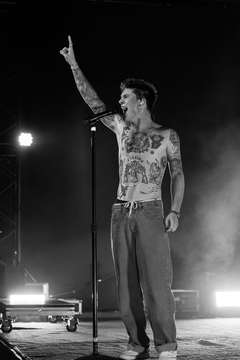Performer gestures dramatically while singing on smoky concert stage.