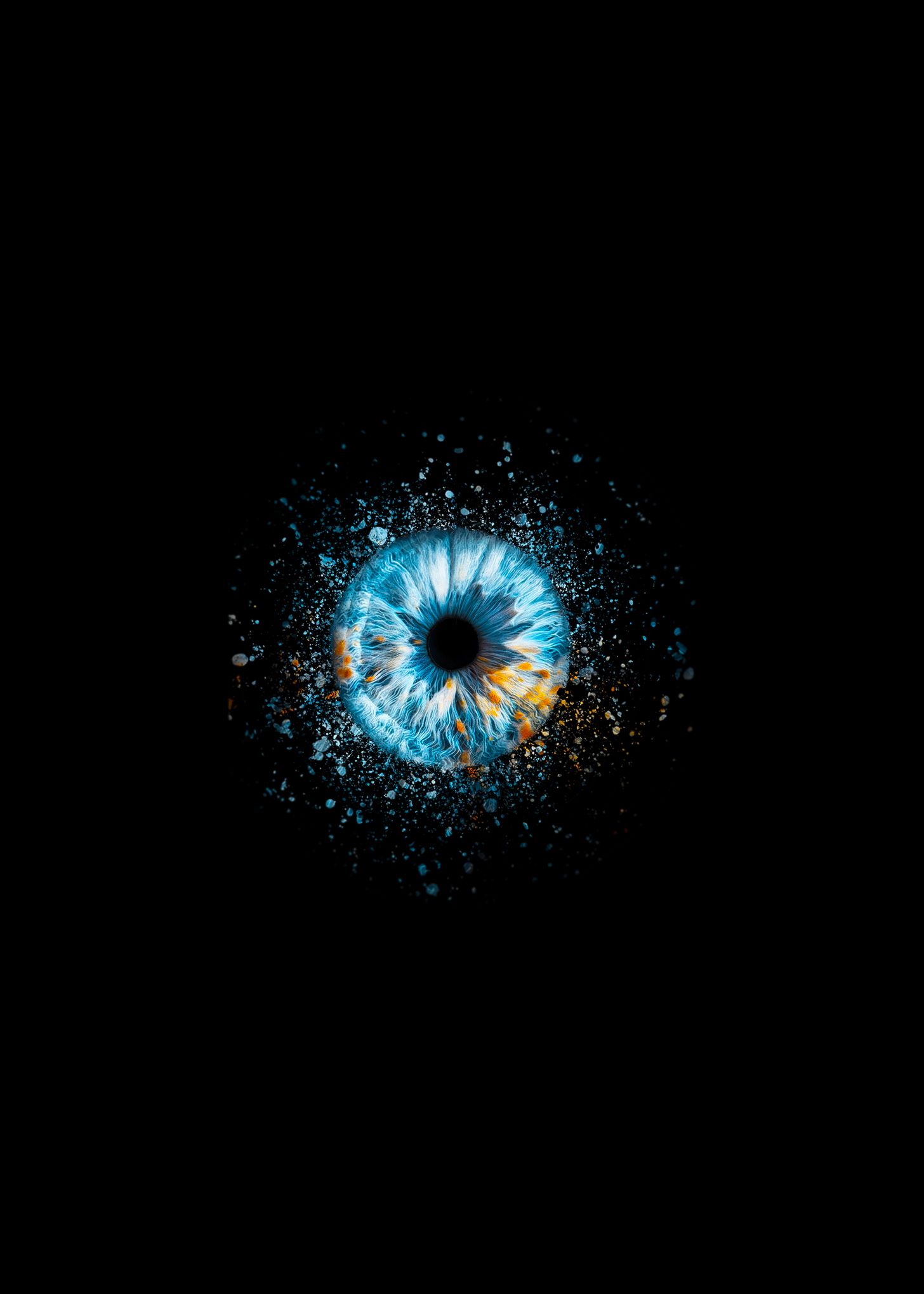 Abstract digital art shows glowing blue and gold eye shapes with scattered particles against a black background.