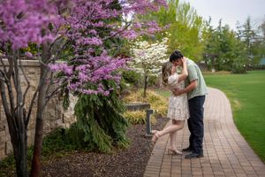 couple embracing while standing on walkway with purple floral tree