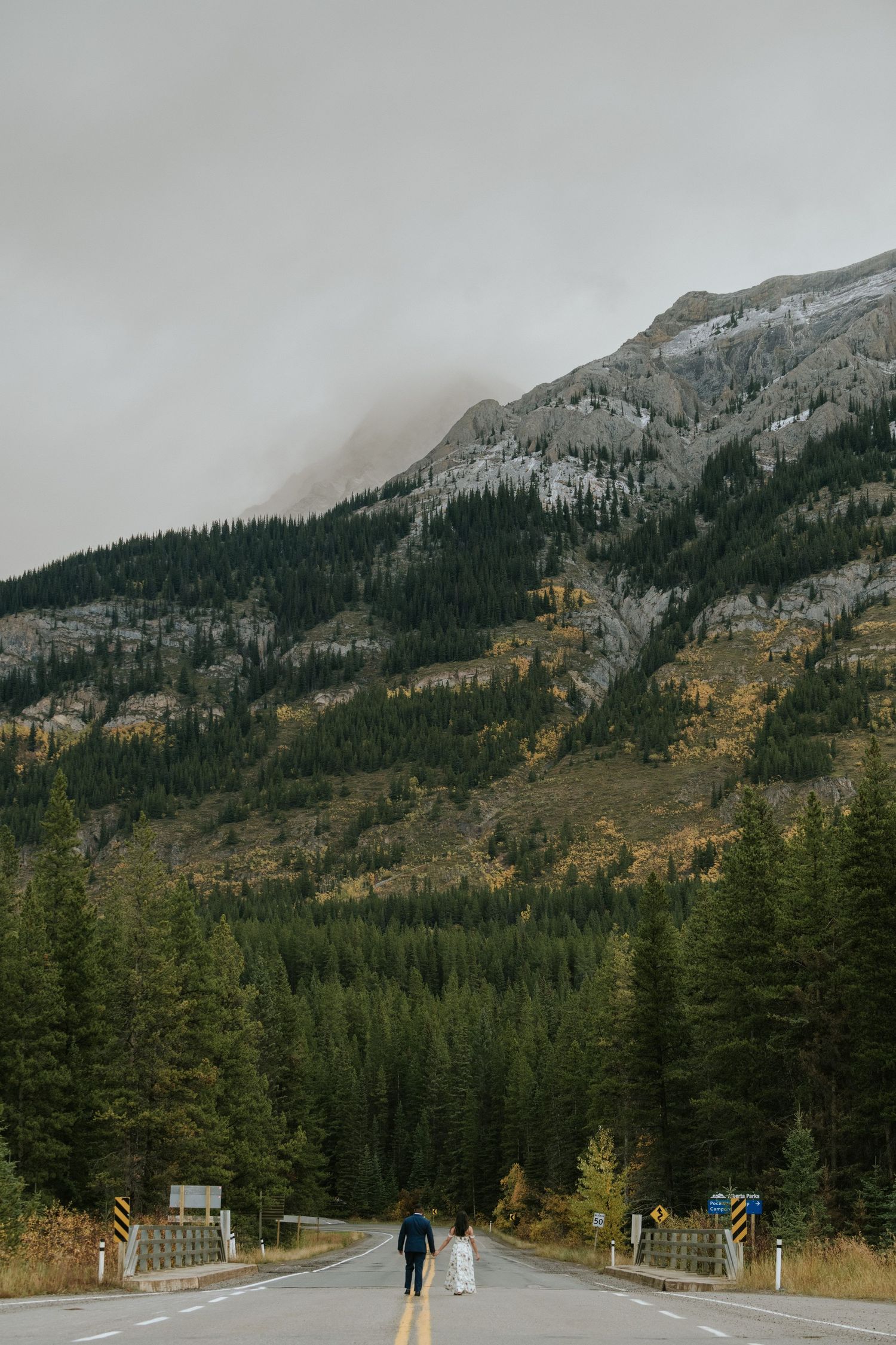 A winding mountain road through evergreen forest and rocky peaks with autumn colors in the distance.