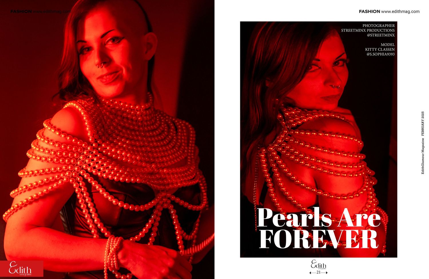 Editorial fashion photos featuring draped pearl accessories against red lighting.