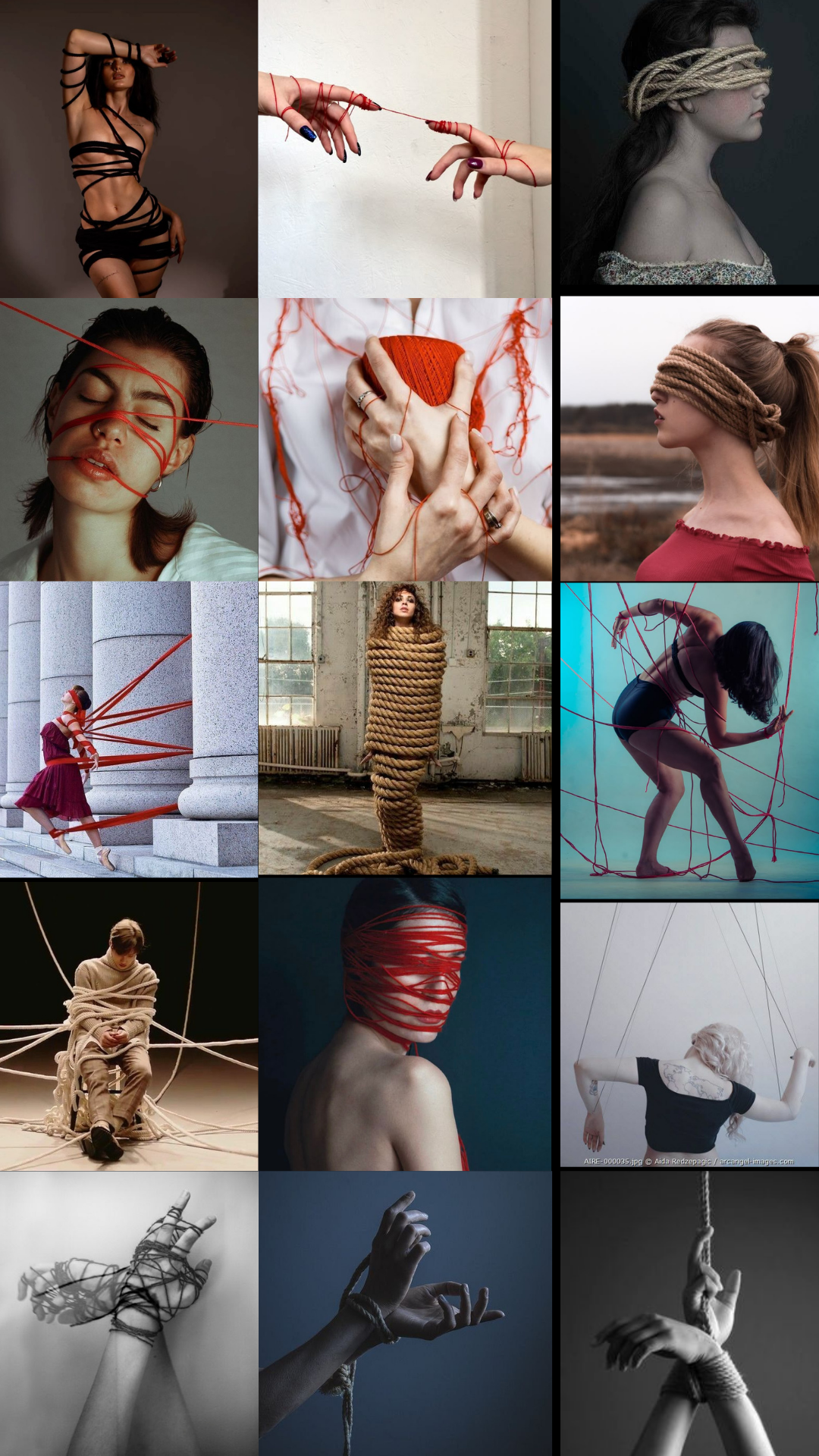 A collection of artistic photographs featuring figures bound or wrapped in red string, rope and fabric in various dramatic poses.