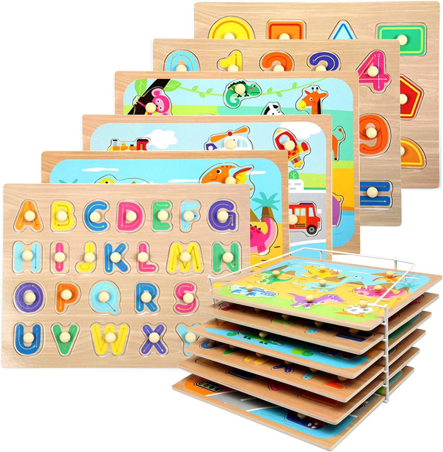Colorful wooden alphabet puzzle boards shown in stacked layers with educational illustrations and letter cutouts.