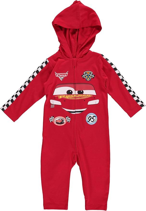 Red hooded Cars-themed baby romper with checkered racing stripes and Lightning McQueen character design.