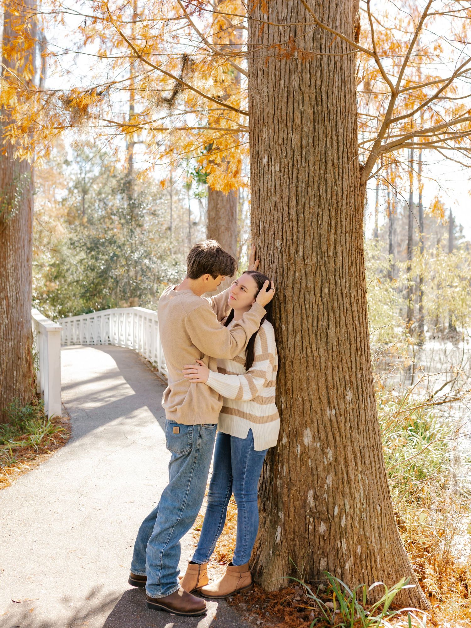 Romantic autumn engagement photo session showing couple embracing against large tree trunks in a wooded setting.