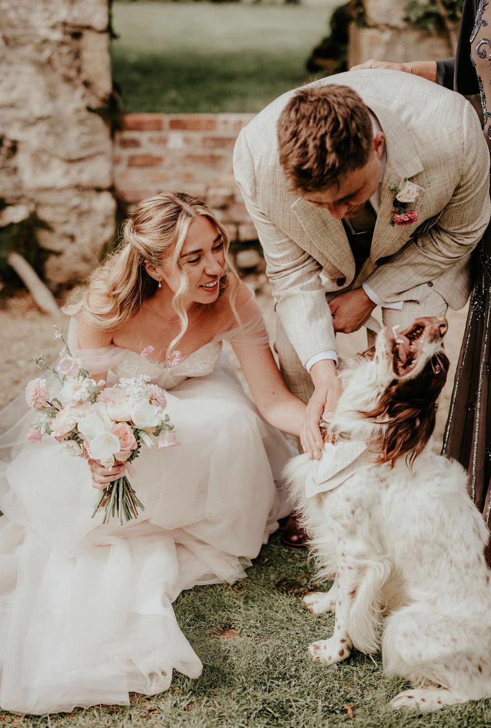 A heartwarming wedding moment as a couple greets their fluffy white dog during outdoor wedding photos. Cornwall wedding photographer