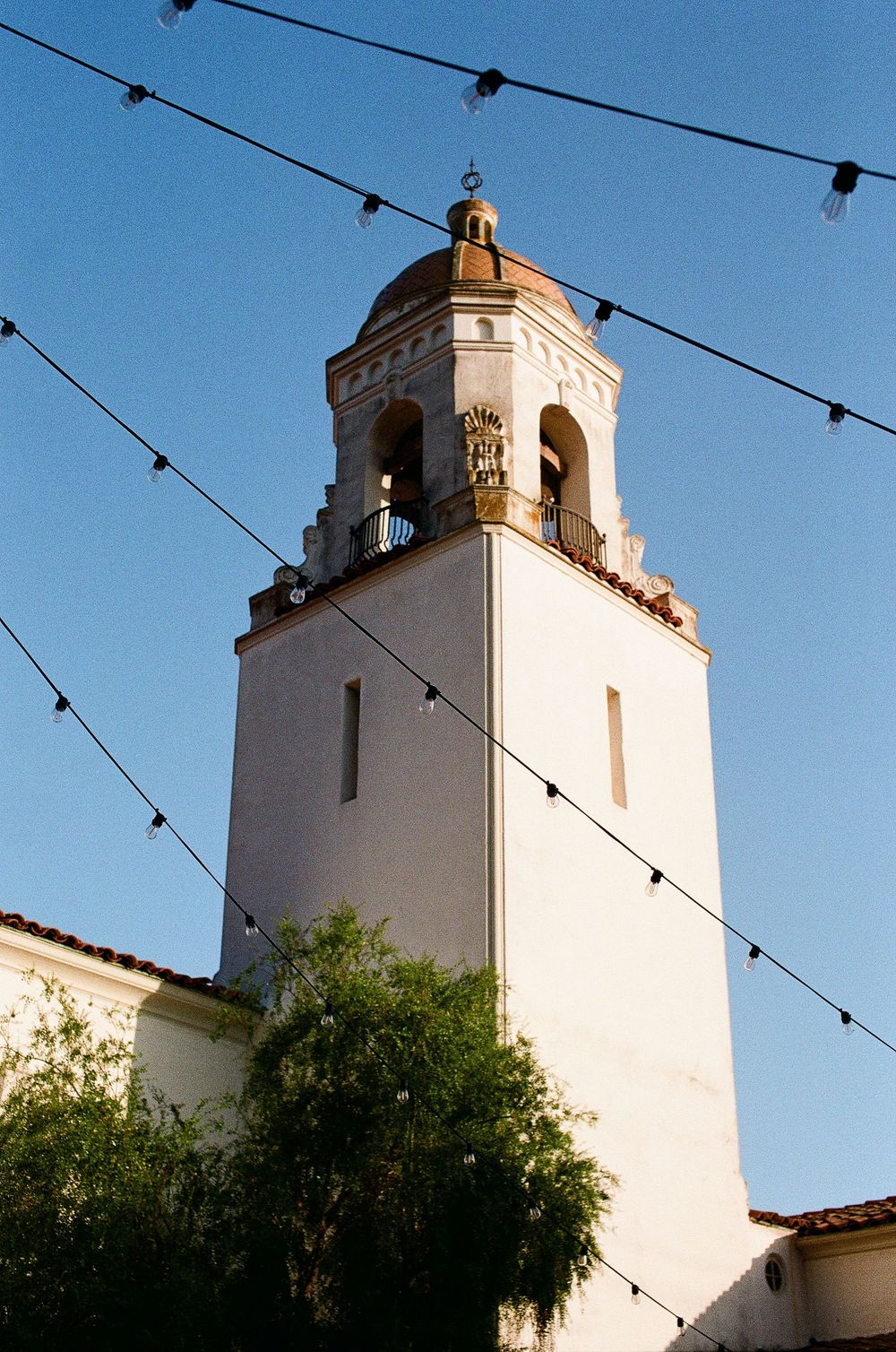A film photo showing the dramatic architecture of the Santa Barbara Unitarian Society.
