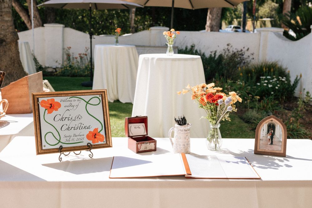Digital photograph of the custom reception signage and calligraphy welcoming guests to the casual Santa Barbara wedding reception.