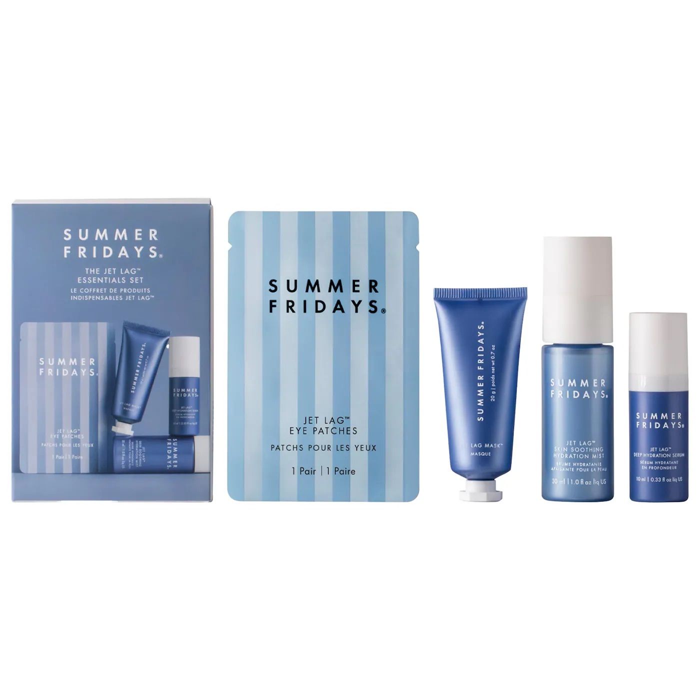 Blue and white skincare product packaging arranged in a gradient display against a light background.