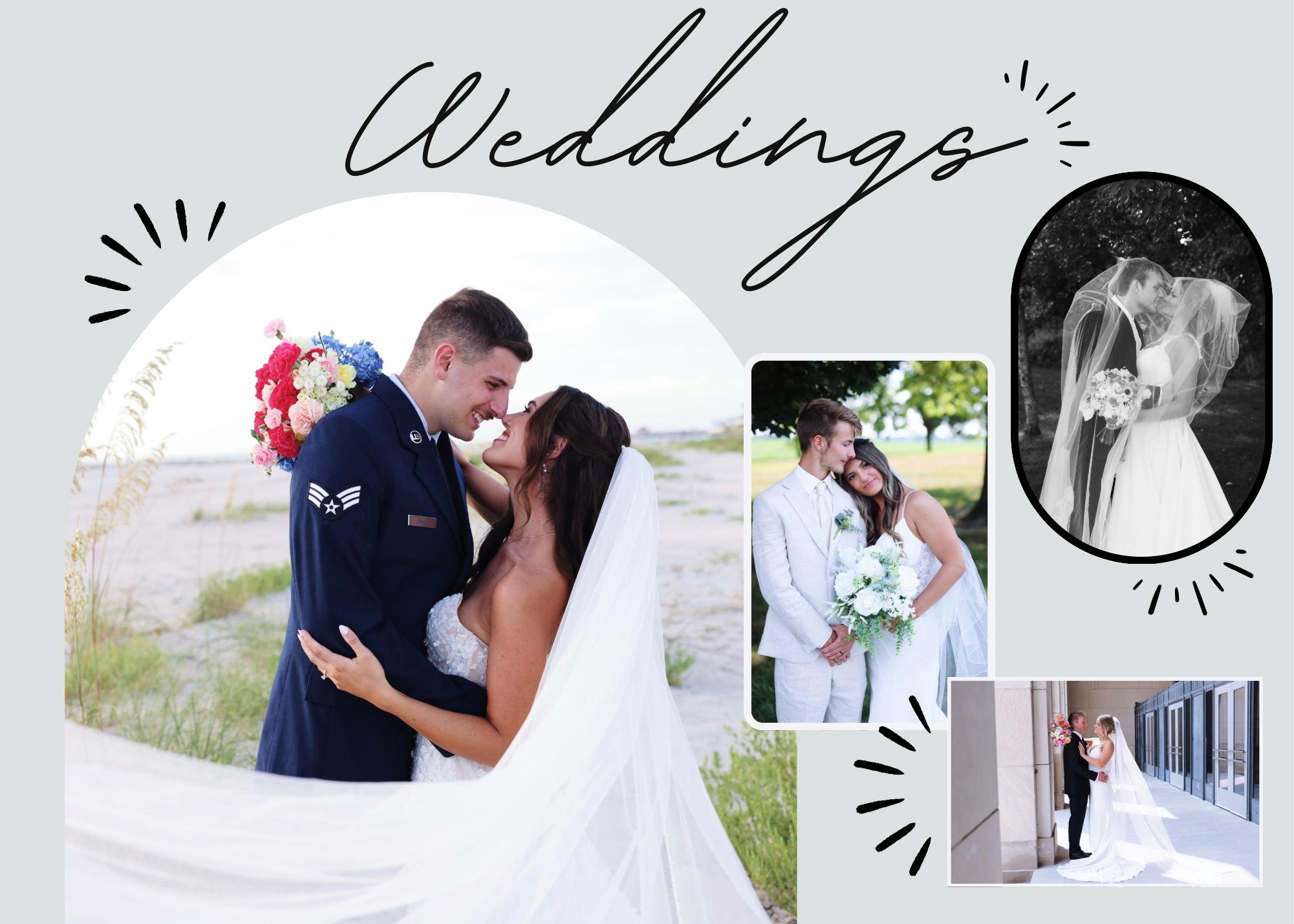 Romantic wedding photo collage showing couples in various intimate poses and moments during their special day.