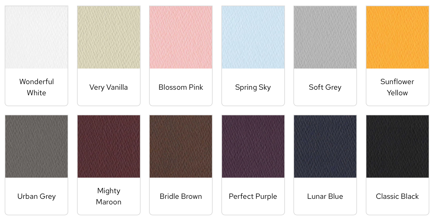 A color palette showing various shades of pink, blue, gray, brown and black swatches arranged in a horizontal row.