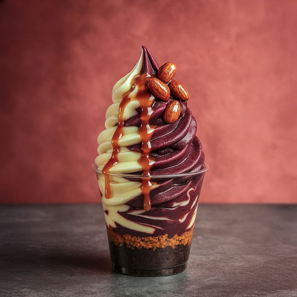 A swirled soft-serve dessert featuring purple and vanilla ice cream topped with caramel sauce on a chocolate cookie base.