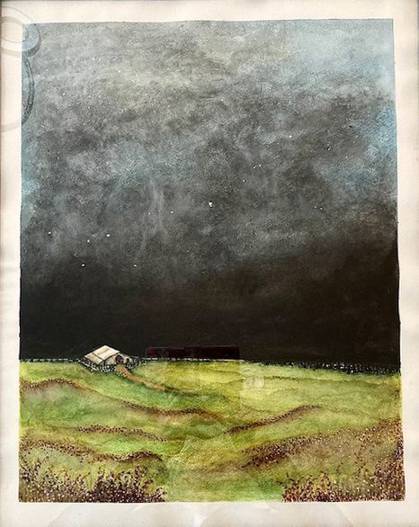 Watercolor landscape showing a dark stormy sky over green rolling hills.