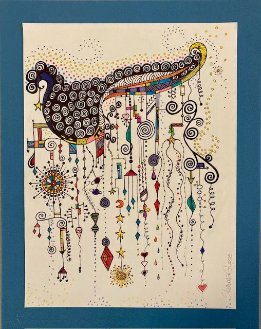 Decorative art piece showing a stylized peacock with hanging ornaments and swirling patterns on blue matting.