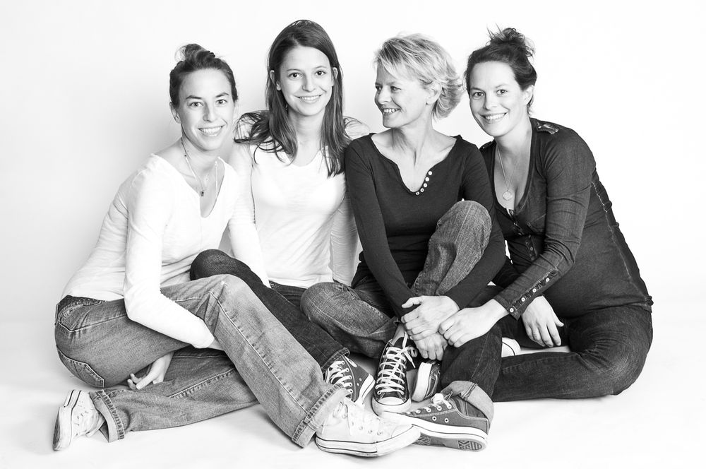 Group portrait series showing casual interactions between people in a bright studio setting.