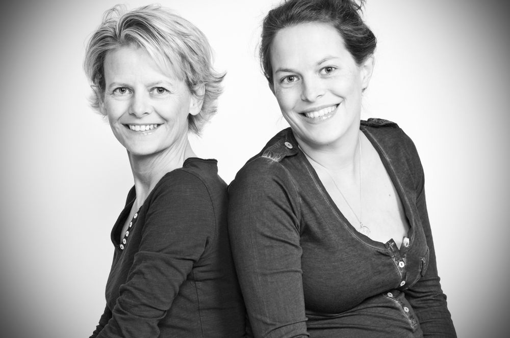 Series of black and white studio portraits showing people in casual, friendly poses.