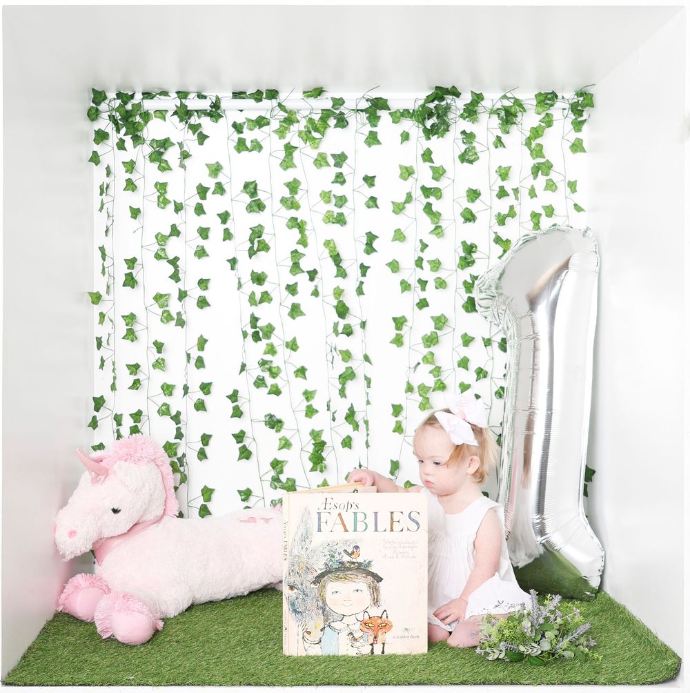 Charming garden-themed photo area with ivy wall, pink tulle accents, and fables sign for special occasions.