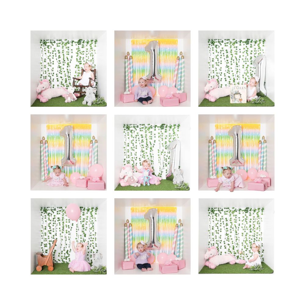 A repeating pattern of cartoon illustrations showing animals and characters in various indoor and outdoor scenes.