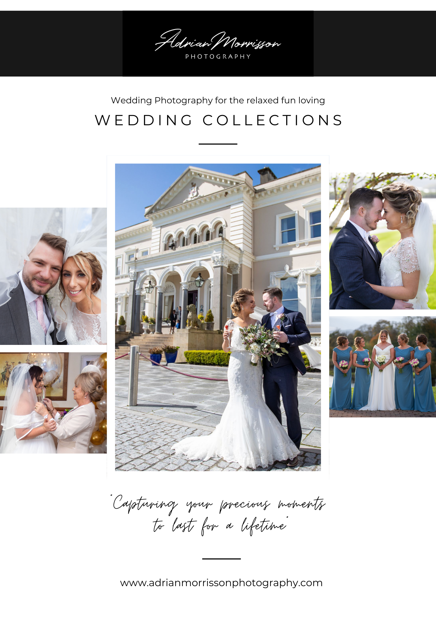 Wedding photography website banner showcasing various romantic moments and elegant venue shots.