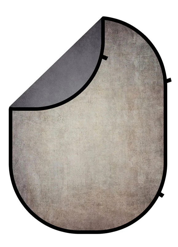 Reversible collapsible photography backdrop with textured beige front and smooth gray back, shown partially folded.