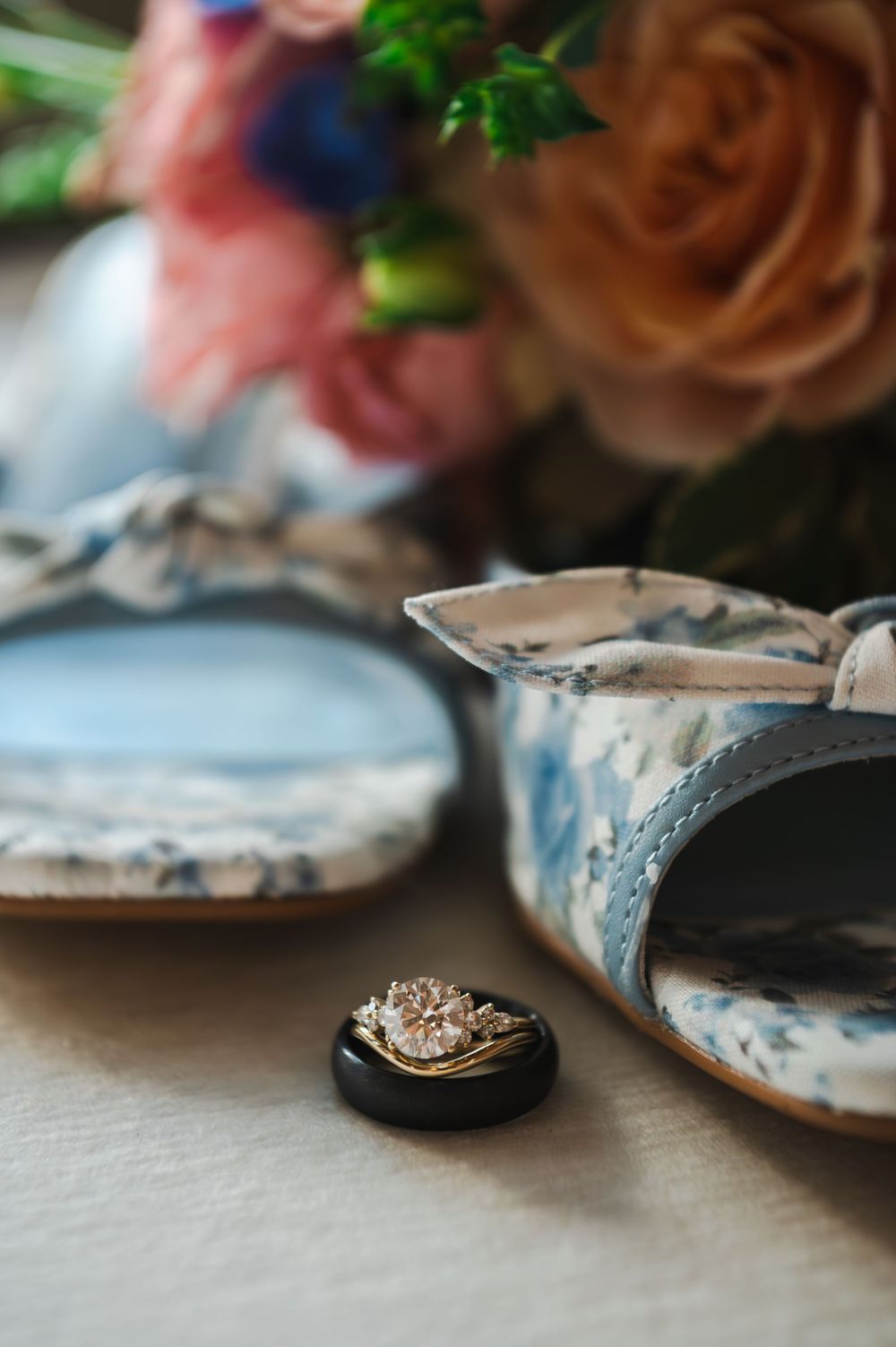 Close-up detail shot of decorative blue and white wedding accessories.