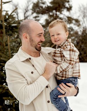 A series of heartwarming moments captured in winter showing playful interaction between adult and child against snowy backdrop.