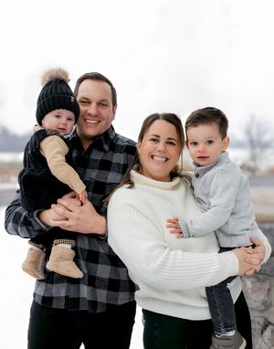 Family portrait series in winter clothing showing playful interactions against a snowy background.