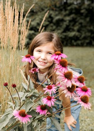 Young child playing with pink echinacea flowers in a summer garden.
