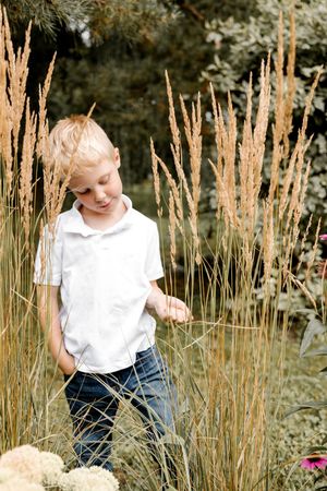 Child in white shirt exploring tall grass and wildflowers outdoors.