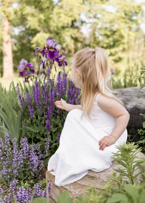 A white-dressed figure admiring purple iris and salvia flowers in a garden.