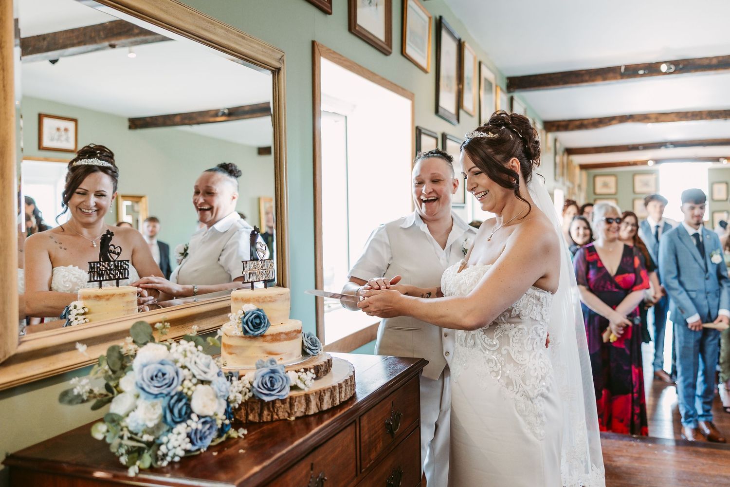 Candid moments from wedding preparation in rustic wooden interior setting.