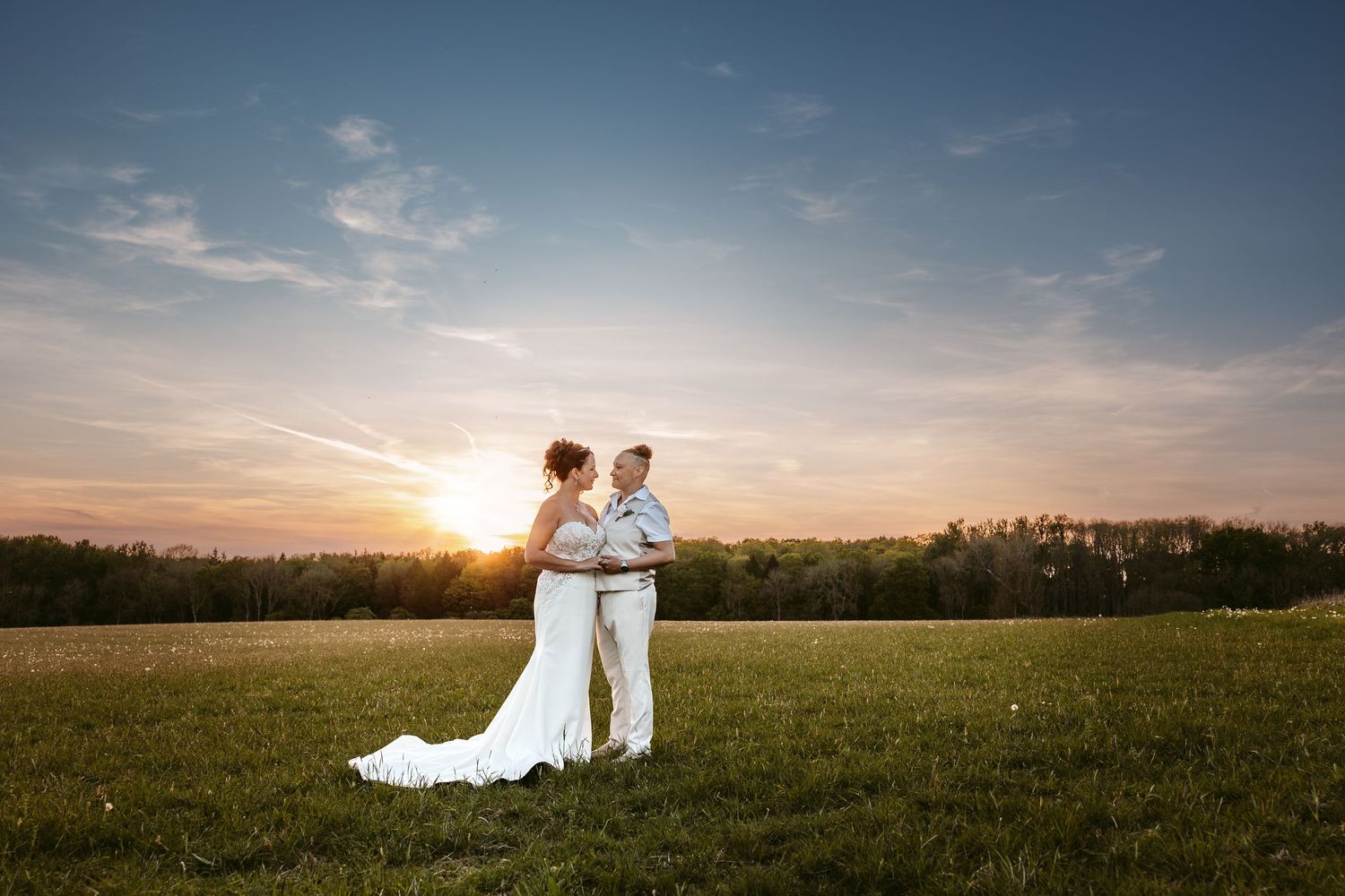 A romantic sunset silhouette of a couple embracing in an open meadow with trees in the distance.