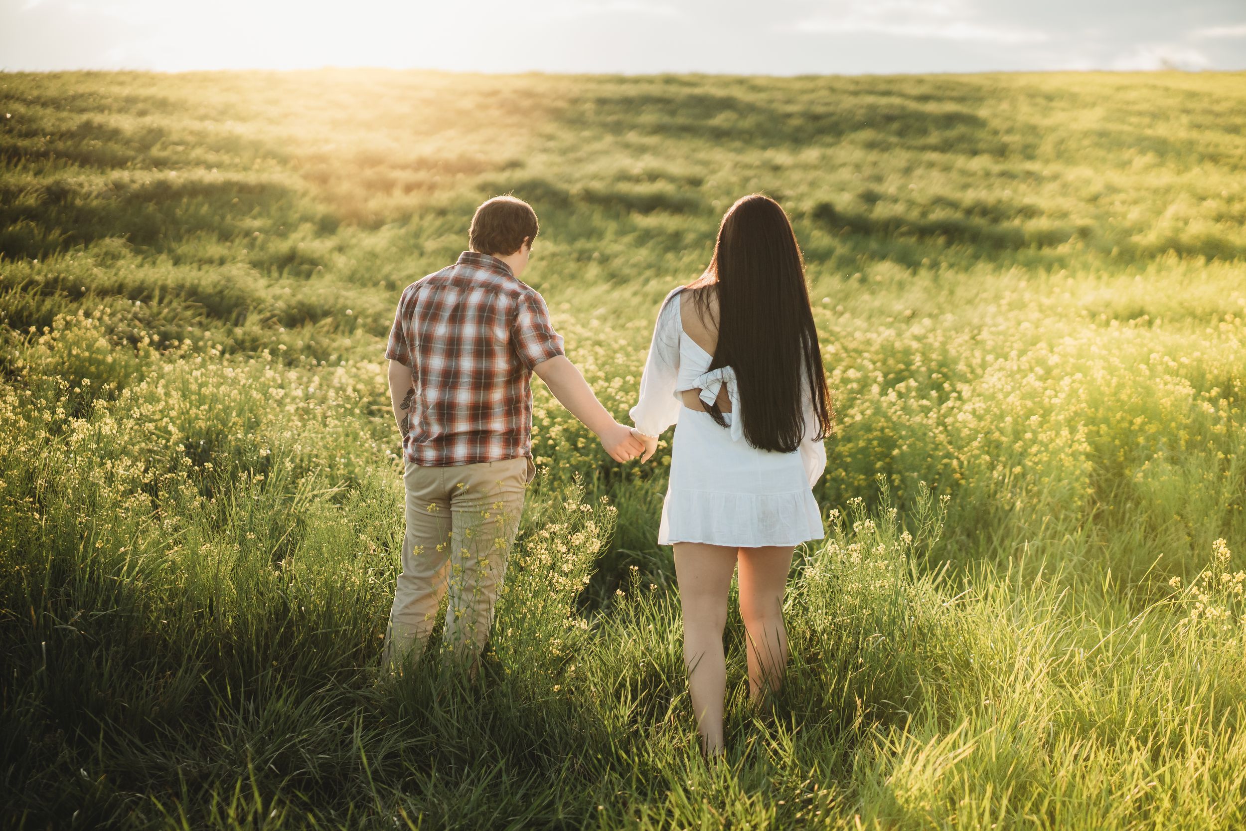 Couple holding hands walking through a sunny green meadow field, viewed from behind on a warm summer day.