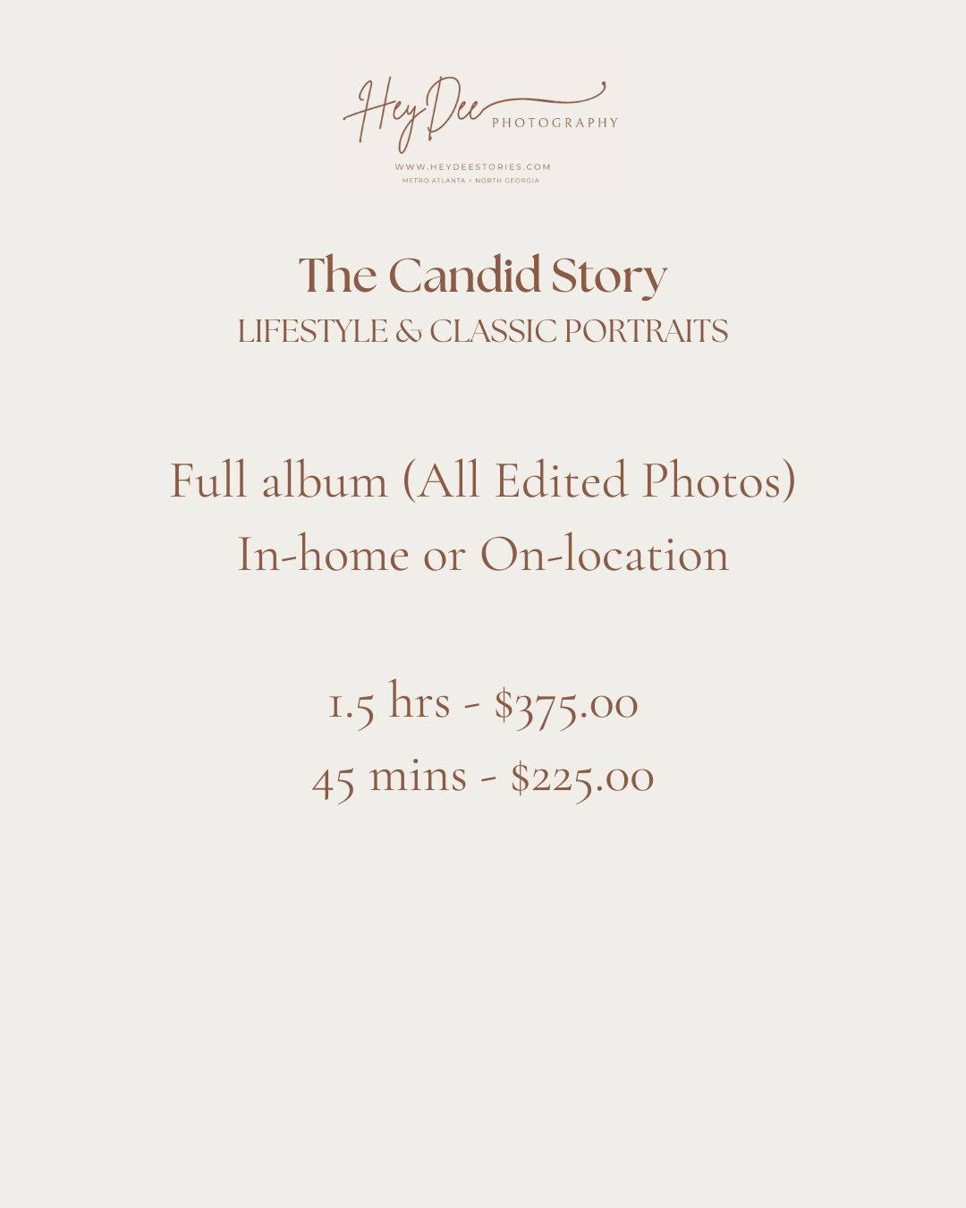 Photography pricing menu displaying full album and portrait session rates on beige background.