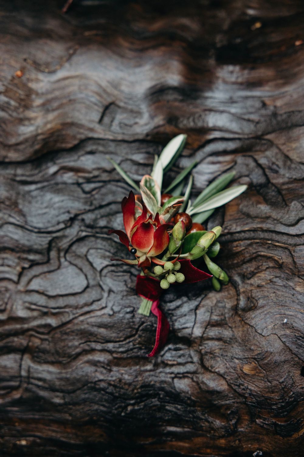 Close-up of burgundy floral boutonniere arrangement on textured wood surface.