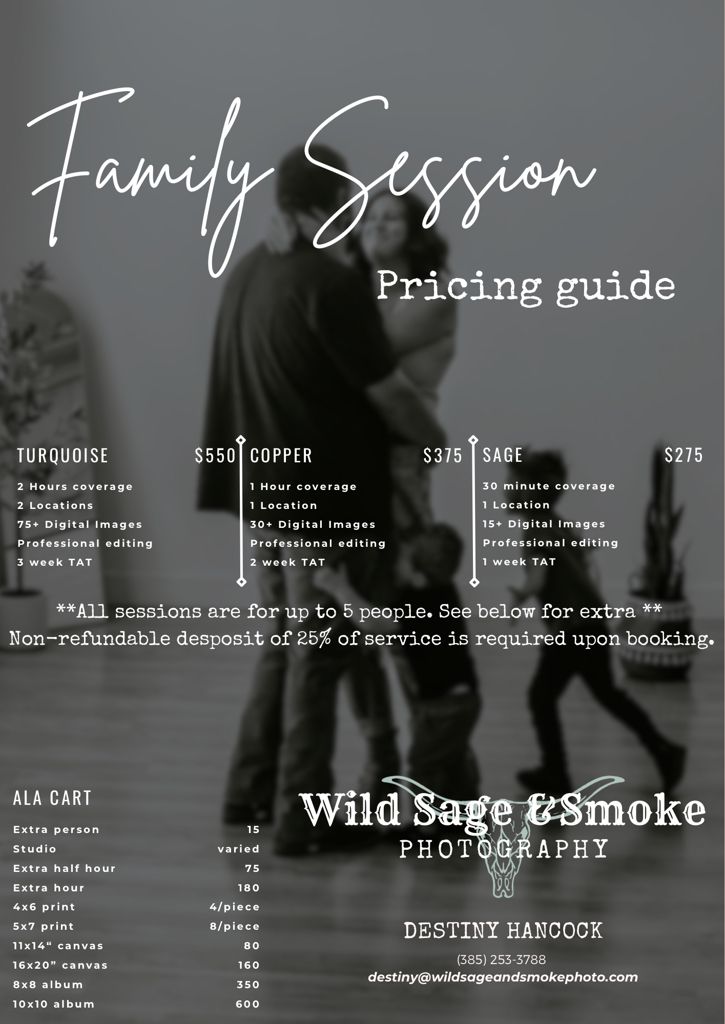Wild Sage and Smoke Photography family session pricing guide with packages ranging from $275 to $550.
