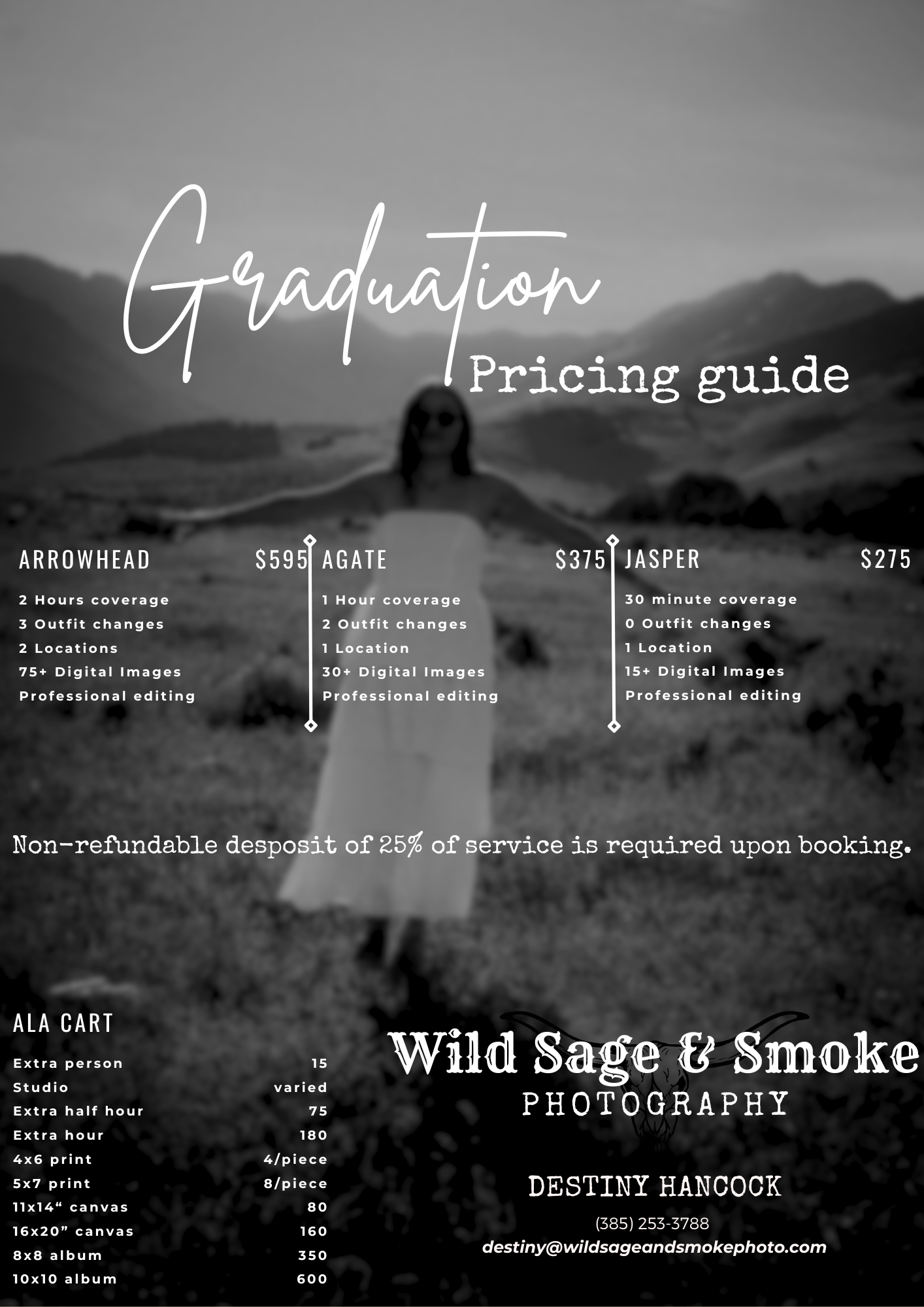 Black and white graduation photography pricing guide for Wild Sage and Smoke Photography by Destiny Hancock.