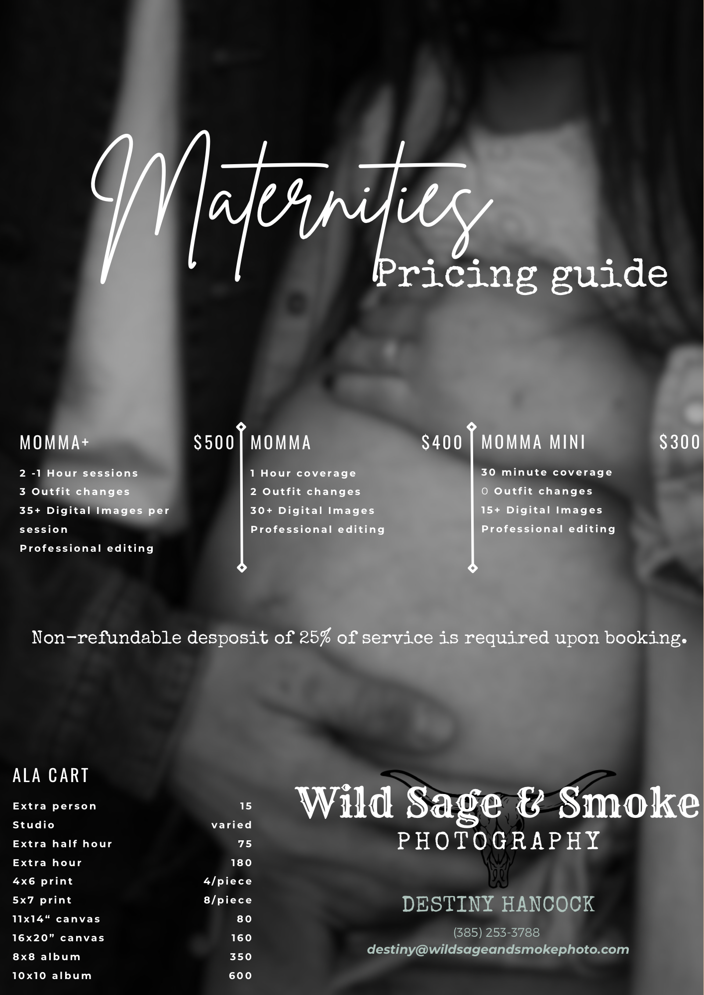 Wild Sage & Smoke Photography maternity pricing guide featuring packages from $300 to $500 on dark background.