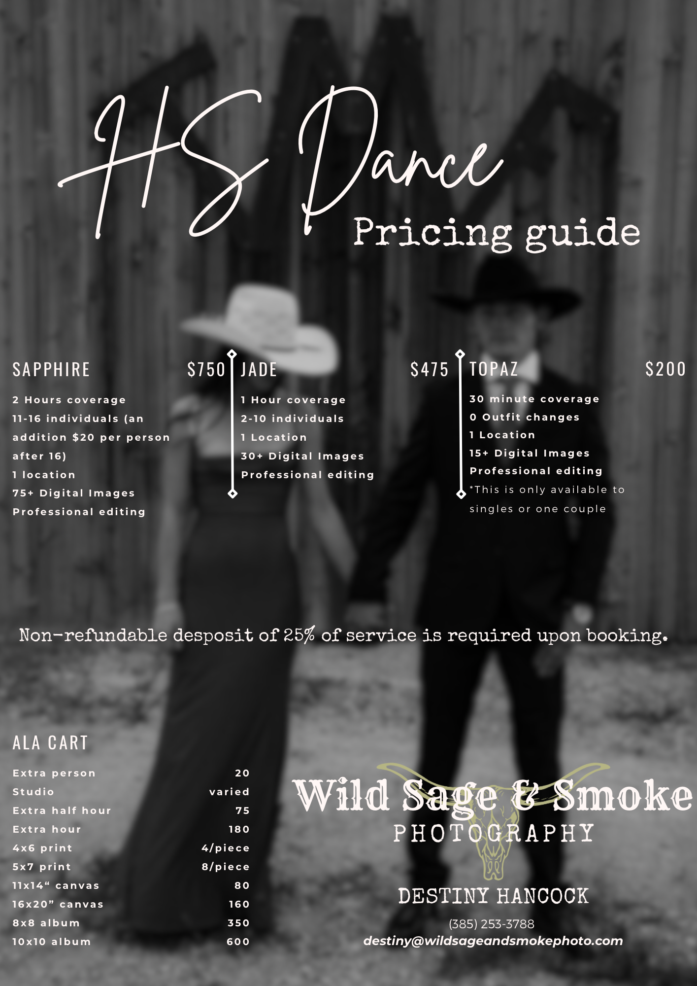 HS Dance Photography pricing guide by Wild Sage and Smoke Photography featuring packages from $200 to $750 with a dark elegant background.