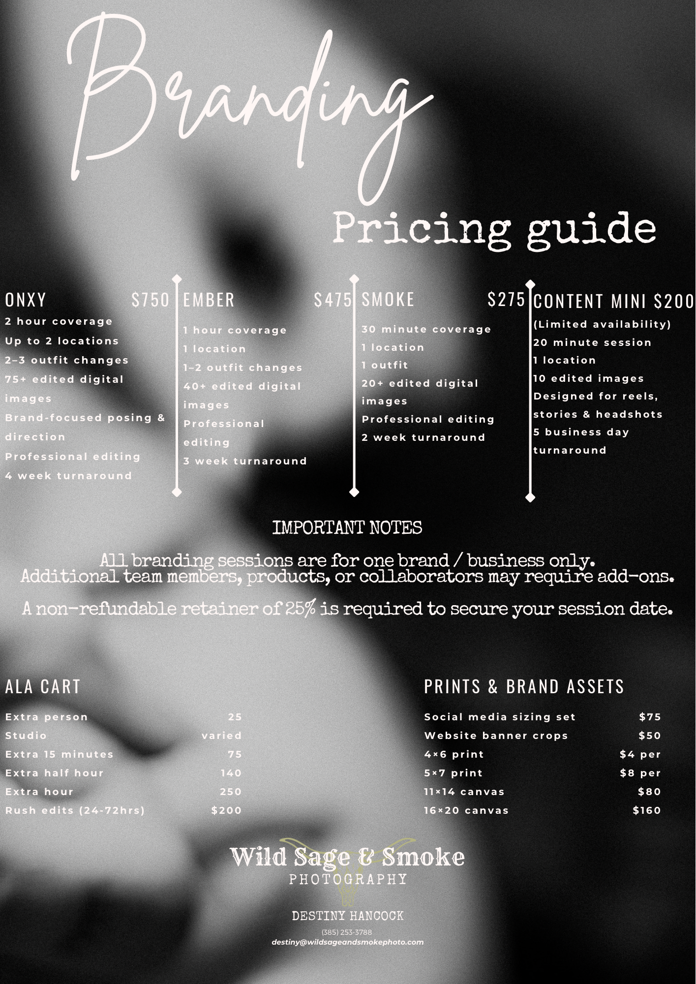 Wild Sage & Smoke Photography branding pricing guide showing packages from $200 to $750 with ALA cart options.