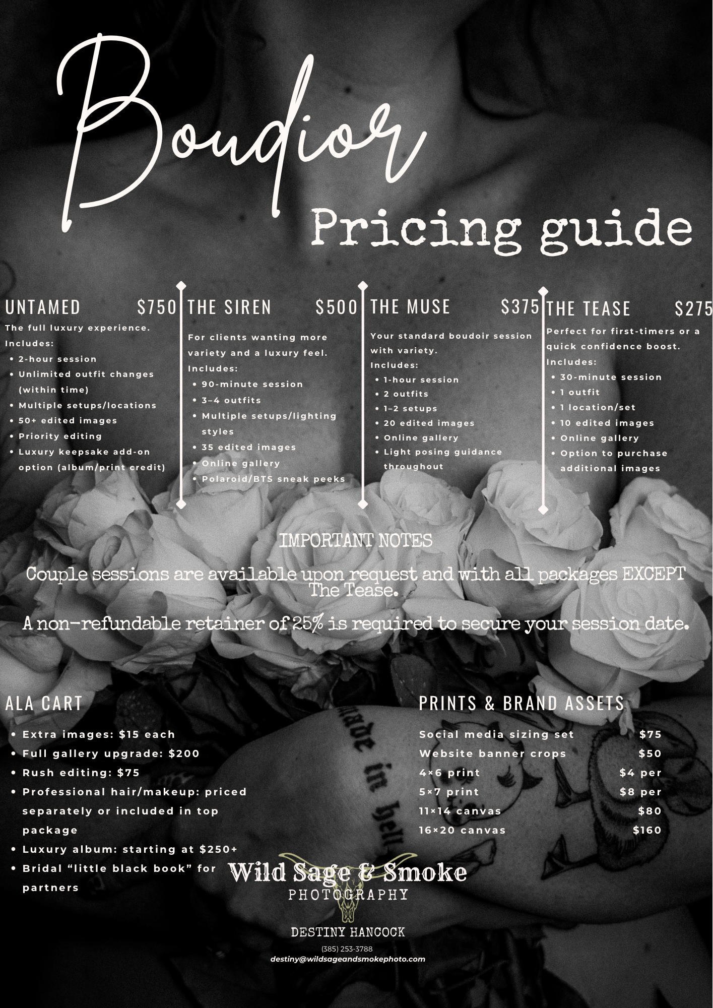 Boudoir photography pricing guide from Wild Sage and Smoke featuring packages from $275 to $750 with details on sessions and prints.