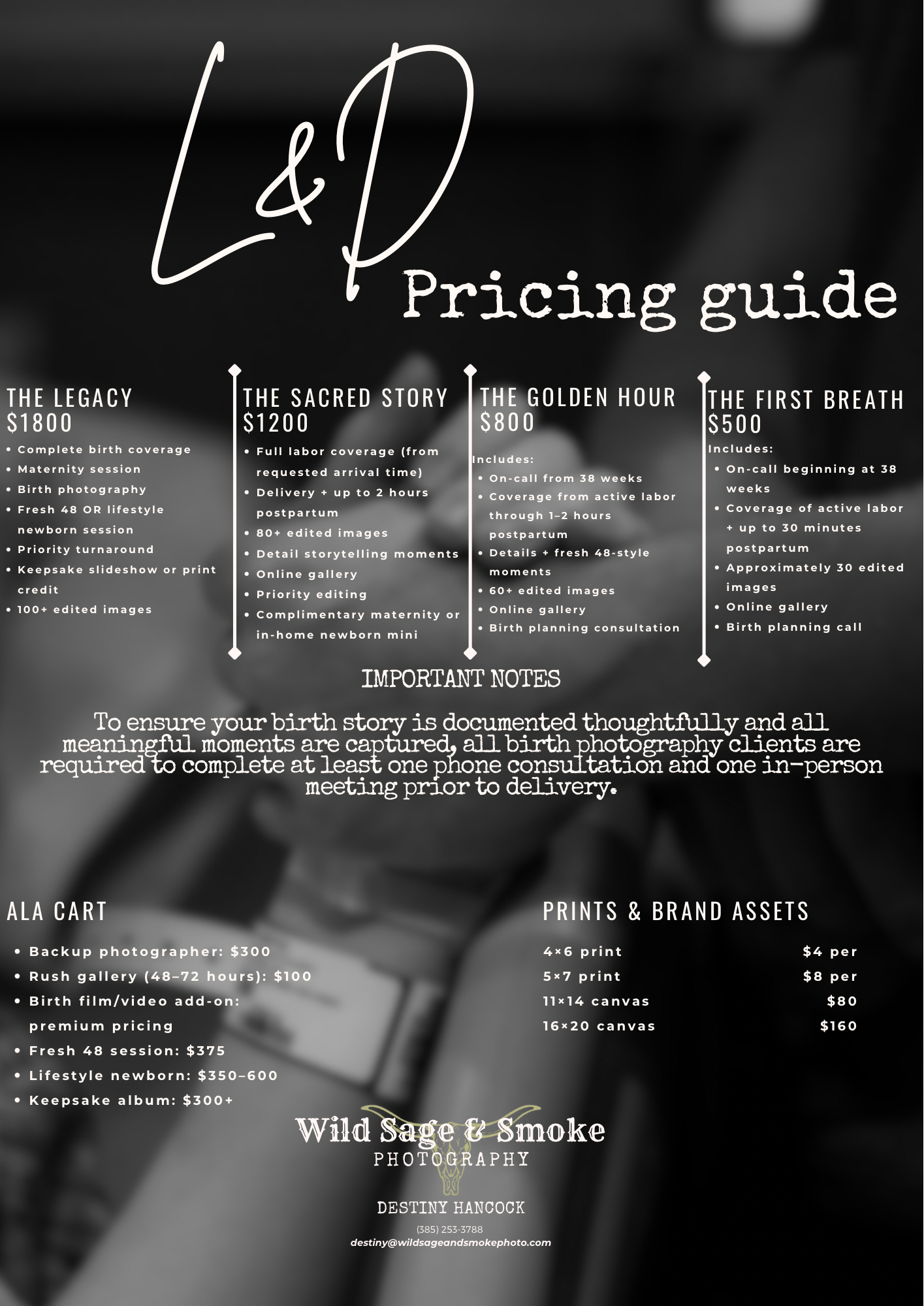 Wild Sage & Smoke Photography pricing guide for birth photography packages including Legacy, Sacred Story, Golden Hour, and First Breath opt