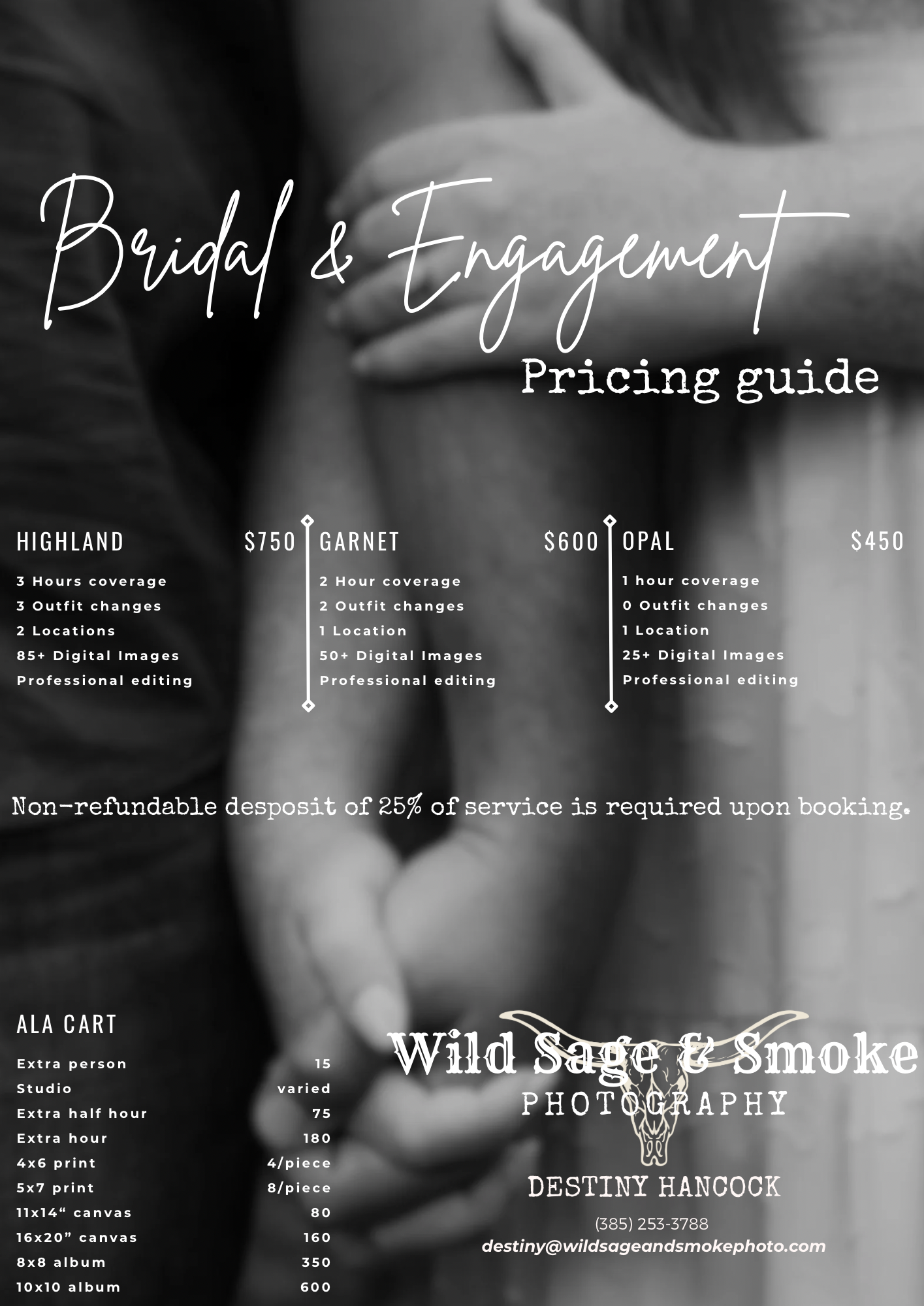 Wild Sage & Smoke Photography bridal and engagement pricing guide showing Highland, Garnet, Opal packages by Destiny Hancock.