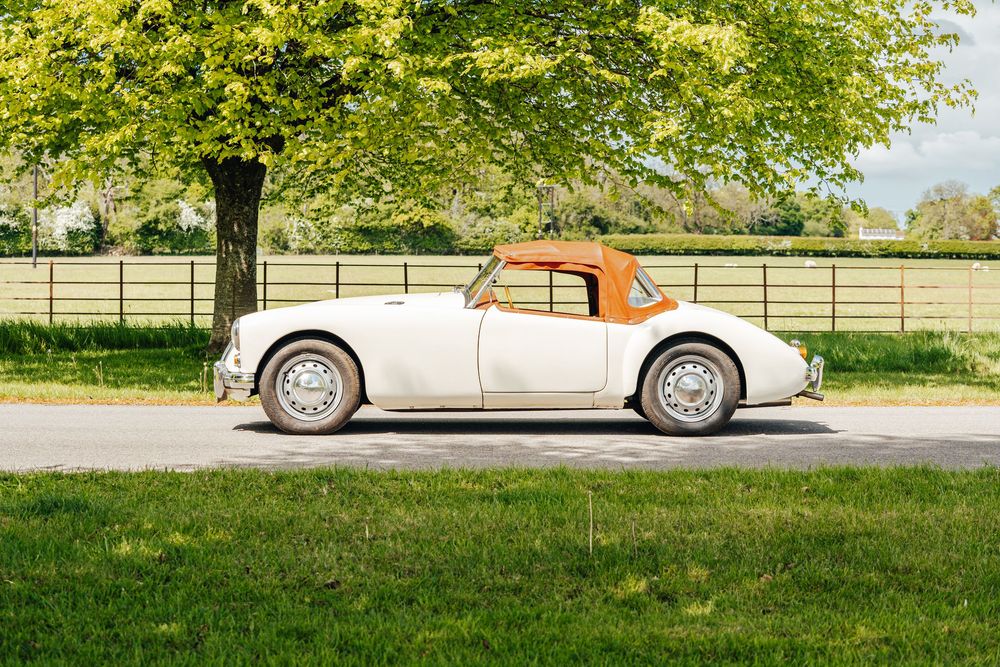 Classic vintage convertible car parked on grass under green trees on a sunny day.