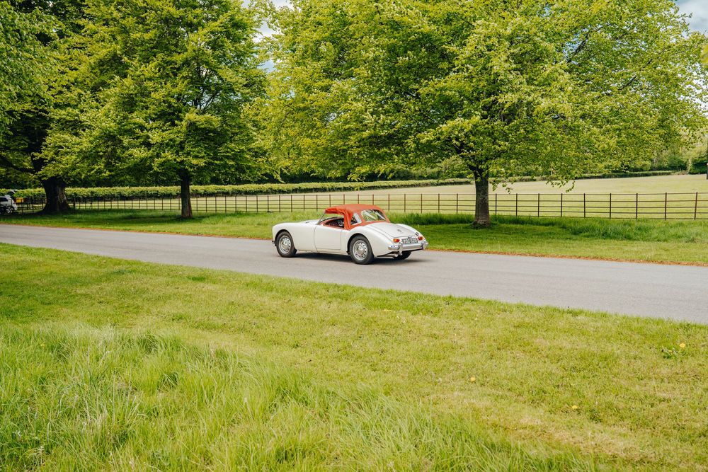A panoramic view of a lush green lawn with trees and a classic red sports car parked in the distance.