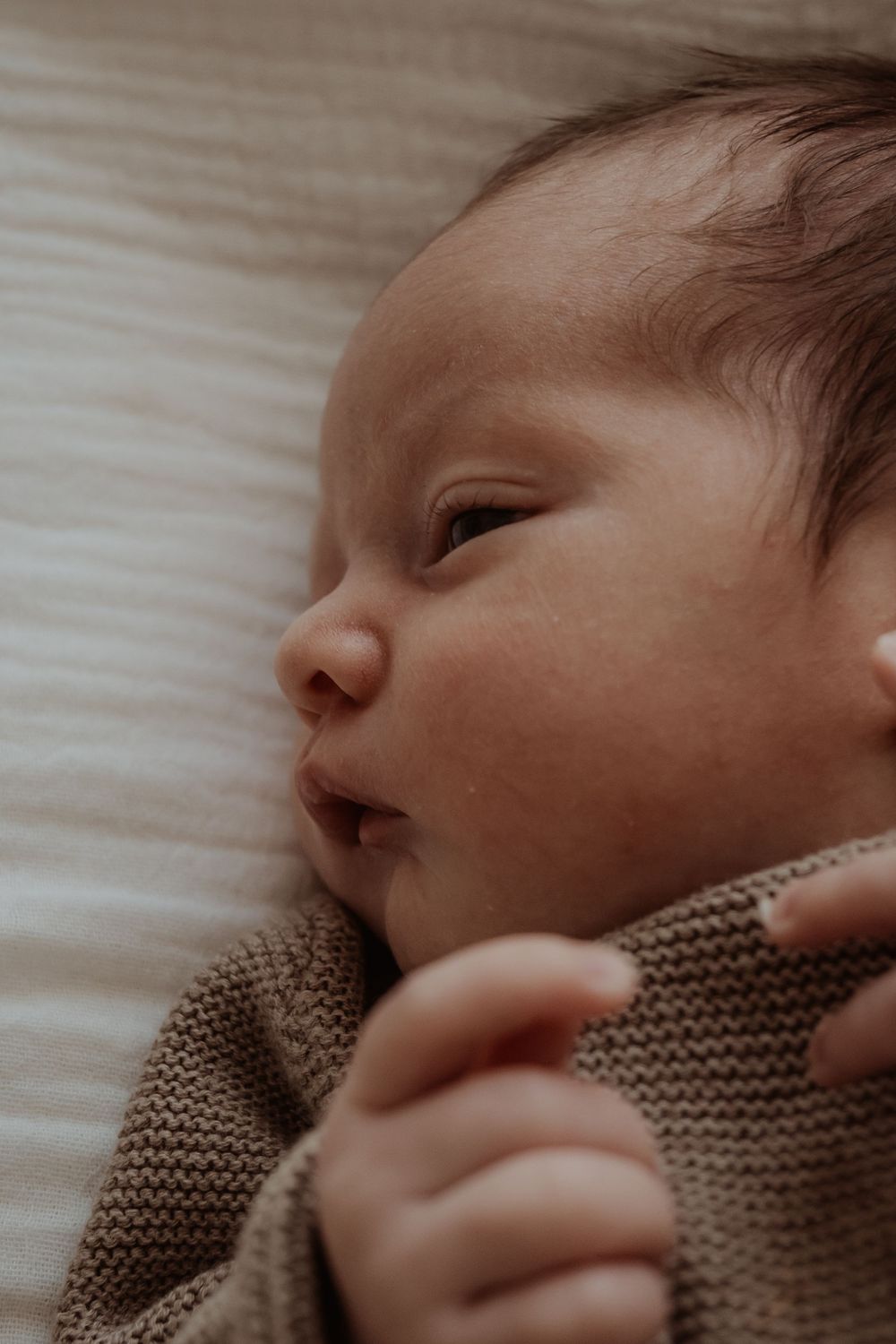 Peaceful newborn babys side profile wrapped in soft knit blanket during a central coast newborn photoshoot.